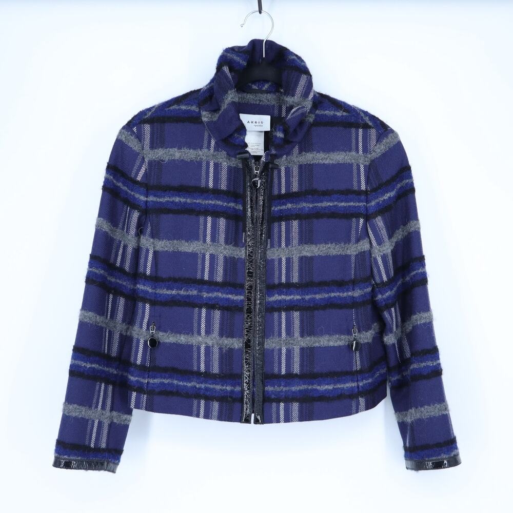 Akris Punto Blue Plaid Zip Up Jacket Wool Blend Blazer Quiet Luxury Women's 6